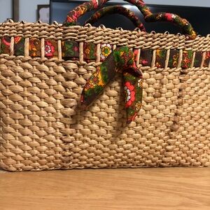 Woven Straw Tote Bag with Floral Scarf Accent - Natural